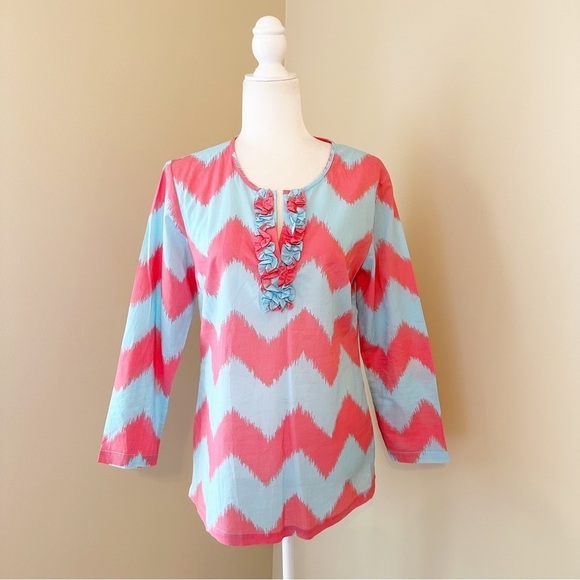 J. McLaughlin Cotton Ruffle Neck Coral and Blue Top - XS - Picture 1 of 11